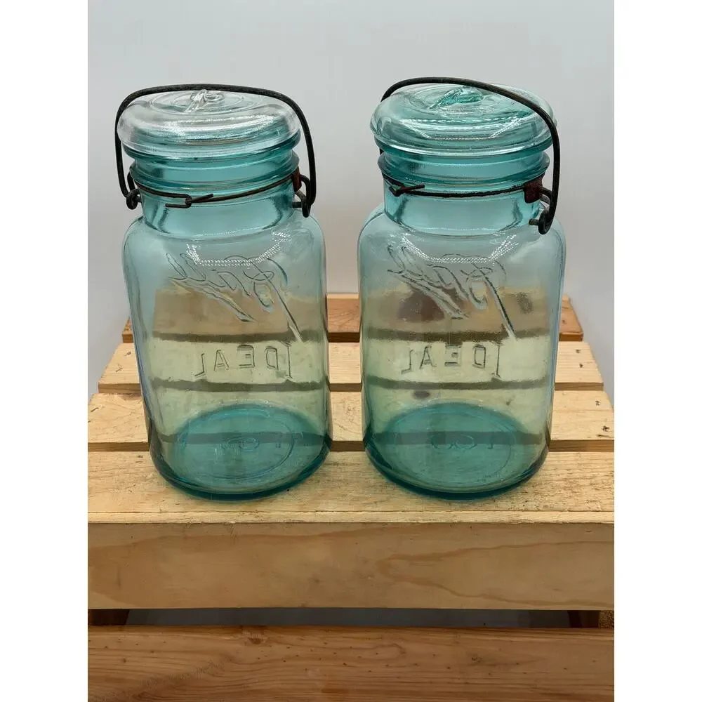 Vintage Ball Ideal Aqua Blue Quart Mason Jars - Lot of 2 - 7.75” Tall